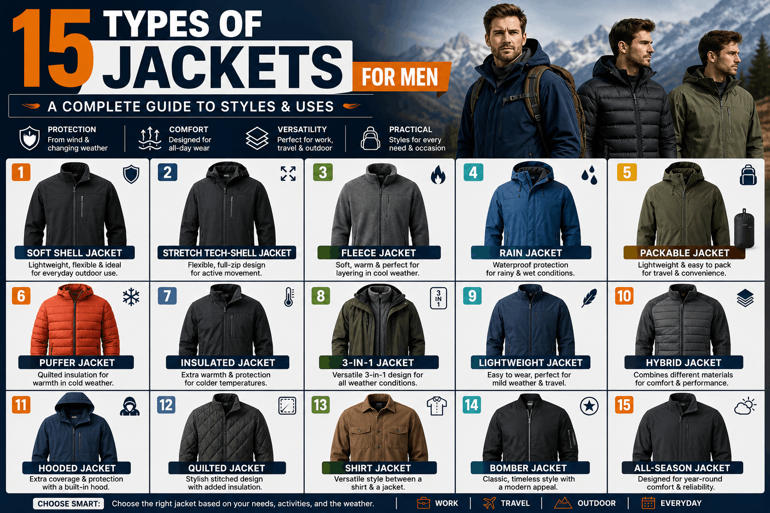 15 Types of Jackets for Men – Styles & Uses 15 types of jackets for men including soft shell, fleece, rain, puffer, bomber, quilted, and all-season jackets