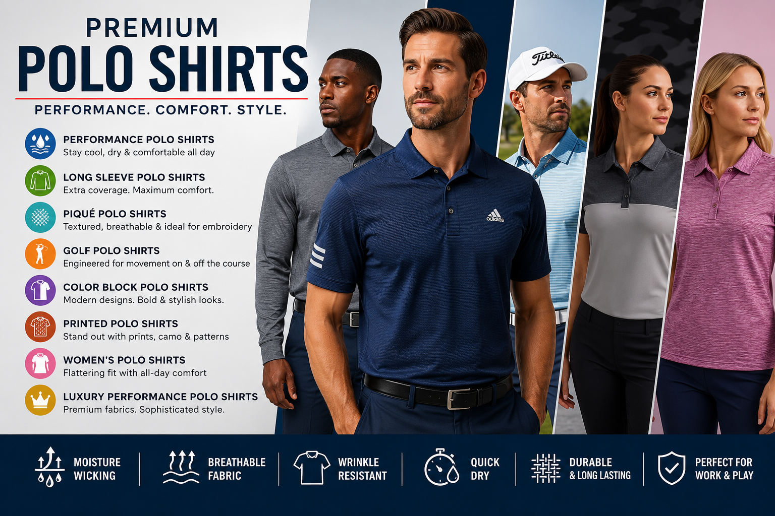 Best Polo Shirt Styles Comparison Guide Comparison infographic featuring performance, long sleeve, golf, piqué, printed, color block, and women's polo shirts.