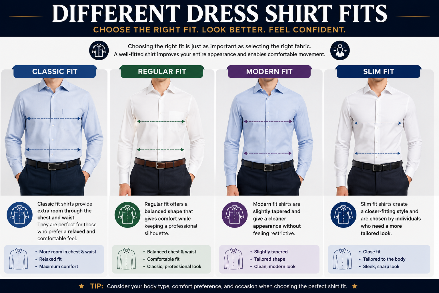 Different Dress Shirt Fits: Classic, Regular, Modern & Slim Fit Guide Infographic comparing Classic Fit, Regular Fit, Modern Fit, and Slim Fit dress shirts for professional and business wear.