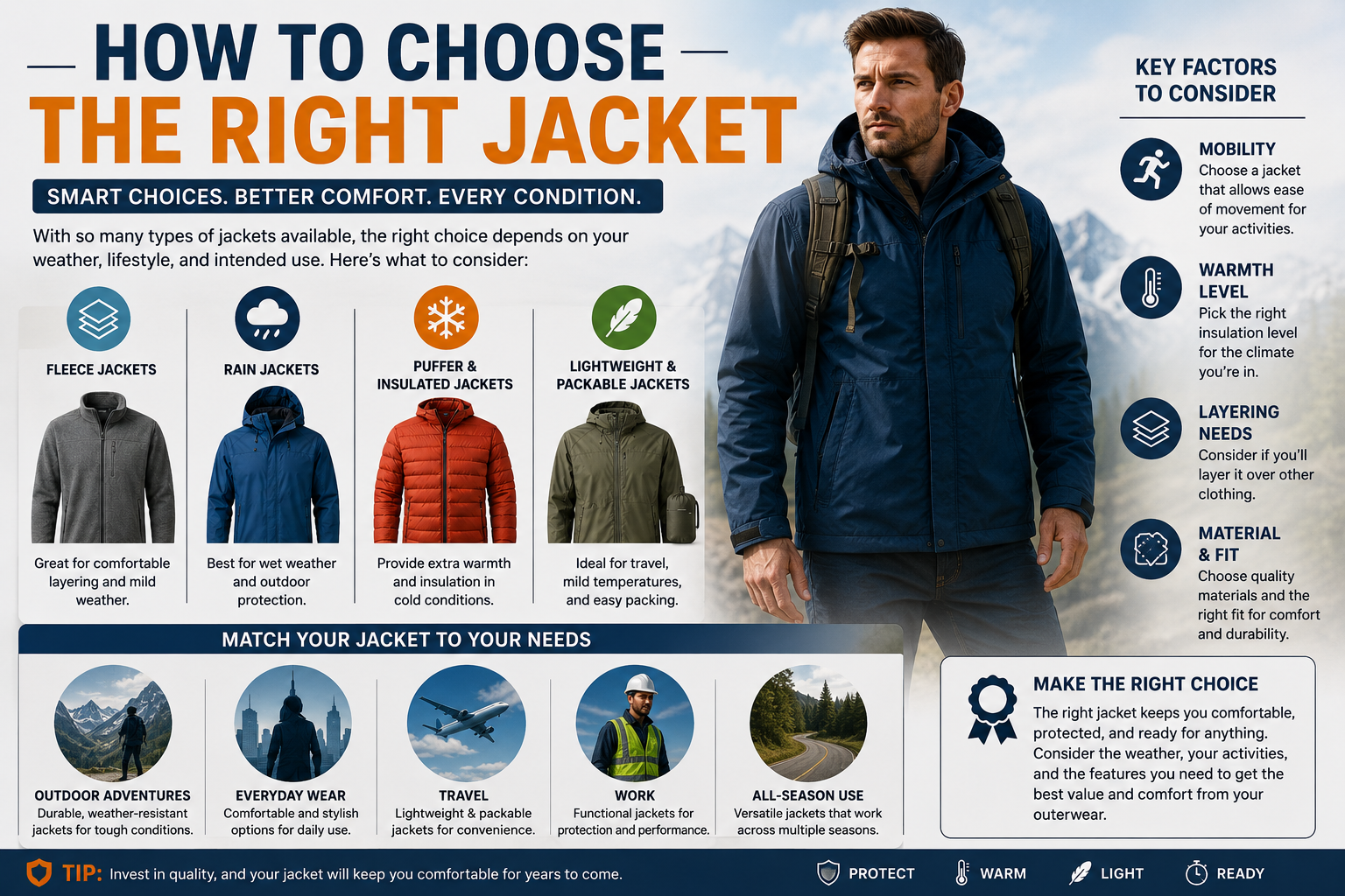 How to Choose the Right Jacket - Complete Guide Guide showing how to choose the right jacket based on weather, warmth, mobility, layering, material, and fit